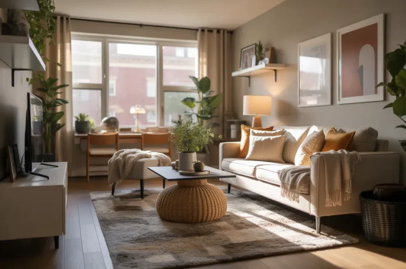 College apartment living room decor ideas in a cozy modern small space