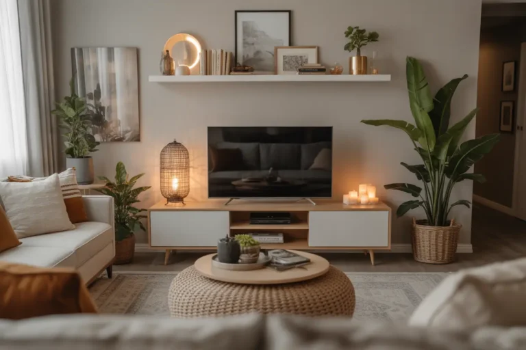 Stylish living room with a modern TV stand, neutral decor, soft lighting, and cosy Pinterest-inspired interior design.