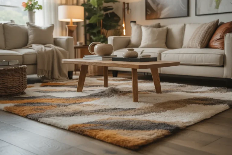 Stylish living room with a large statement rug, neutral sofa, wooden table, soft decor, and warm natural light.