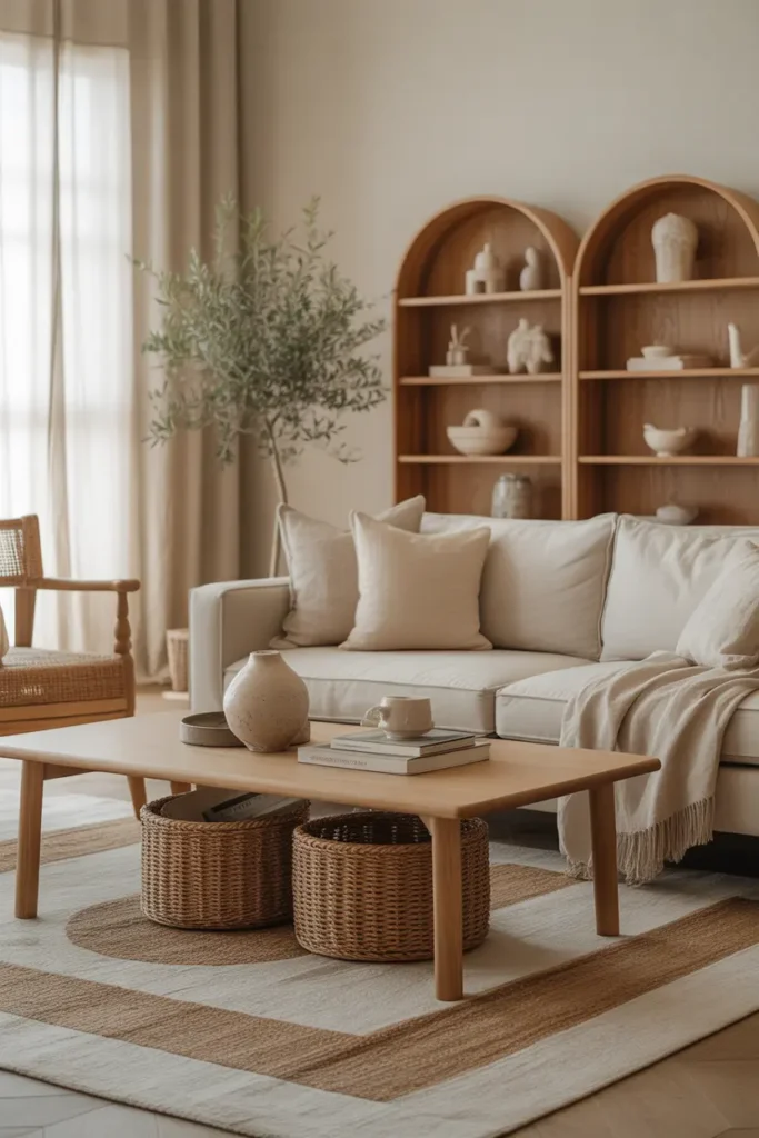  A high end Pinterest style living room in modern organic design, filled with soft natural light, warm beige and ivory tones, layered wool and jute rugs, oak wood furniture, linen sofa, ceramic decor, olive tree, textured throw, wide eye level shot, airy layout with cozy depth, styled shelves, subtle shadows, and elegant lived in detail.