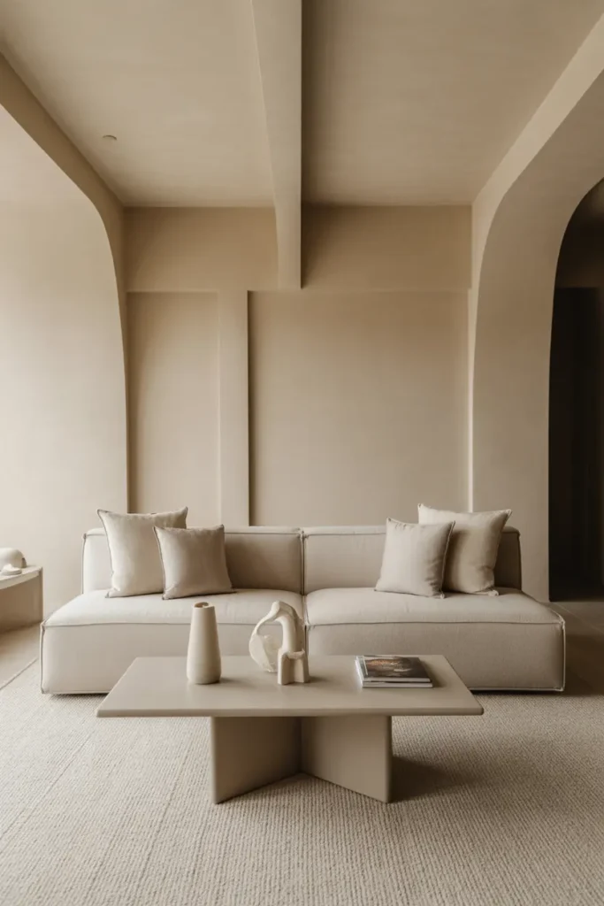 A Japandi-inspired living room with low profile furniture, including a sleek low sofa and minimal table. Neutral tones dominate, with soft textures and natural light enhancing the open feel. Clean lines and wide spacing create an airy atmosphere. Wide shot with balanced layout and modern minimalist styling.