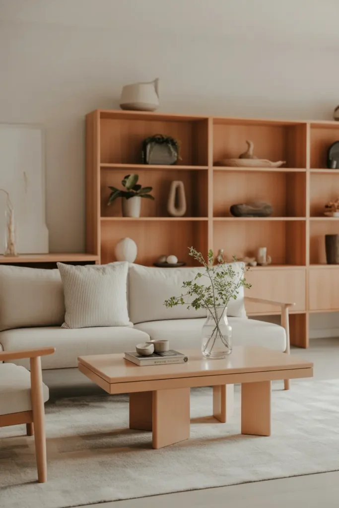 A Japandi-style living room featuring light wood furniture, including a coffee table and open shelving. Neutral tones dominate the space with soft textiles and minimal decor. Natural light enhances the wood grain textures, while plants add freshness. Clean lines, balanced layout, and an airy atmosphere captured in a wide, eye-level shot.