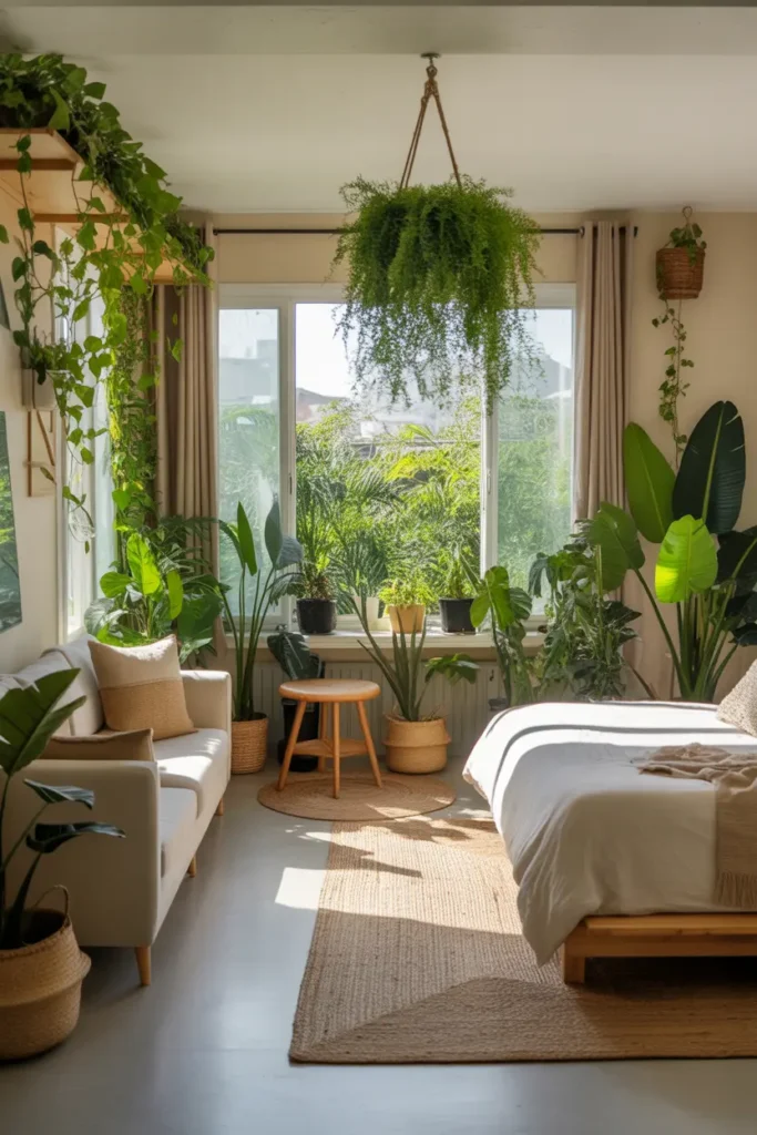 A lush, vibrant living room and bedroom combo flooded with natural light. This space features an abundance of plants, from large floor plants to hanging greenery. The neutral base of the space includes light-colored walls, a simple sofa, and a platform bed. Earthy textures like woven baskets, jute rugs, and wooden furniture add warmth. The plants provide the room with a sense of life and energy, while the natural light helps create a refreshing, vibrant atmosphere.