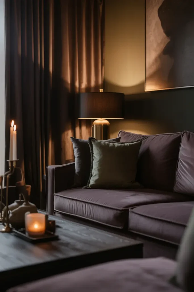  A glamorous Art Deco-inspired living room with modern remix styling, golden hour light, and a palette of black, cream, emerald, and brass. Channel-tufted sofa, marble coffee table, geometric mirror, fluted details, and statement lighting create elegance. Textures include velvet, glass, and polished metal. Chic upscale mood. Wide shot with layered decor, symmetry, and strong background framing.