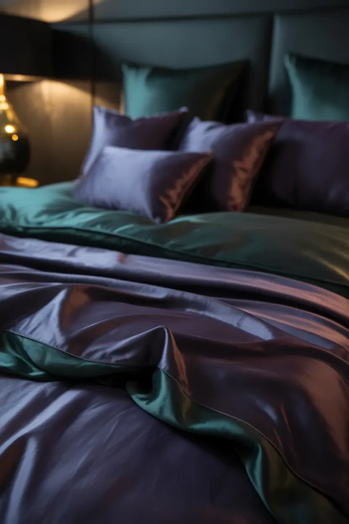 A luxurious dark romantic bedroom featuring lush dark bedding. The style is modern luxury with a minimalist approach, focusing on deep black and rich jewel-toned fabrics. The color palette combines dark green, deep purple, and midnight blue for a bold yet sophisticated look. The bedding is made of silky satin, with plush cushions and throws arranged neatly. A soft golden light gently illuminates the room, highlighting the bedding’s glossy texture. The camera captures a close-up shot, focusing on the layers of bedding and decorative pillows, with a cozy, inviting vibe.