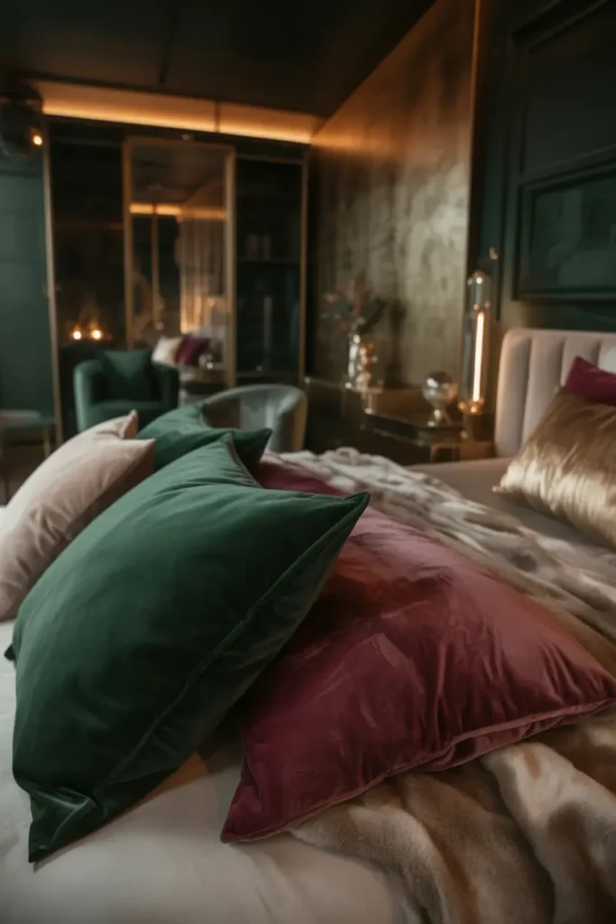 A luxurious dark romantic bedroom with bold velvet accents. The interior style is modern glam with warm ambient glow lighting, creating a rich atmosphere. The color palette features deep jewel tones like emerald green and burgundy, complemented by neutral tones of grey and beige. Velvet throw pillows and a plush velvet bedspread add texture, while brass and gold elements elevate the space. A large, ornate mirror sits on one wall, reflecting soft light. The room includes a velvet armchair, a minimalist bedframe, and a soft, patterned rug. The atmosphere is elegant, inviting, and cozy. The shot is a wide angle that captures the full layout, with a focus on the plush textures.