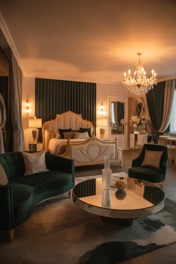 A luxurious glamour-filled living room and bedroom combo illuminated by warm, golden-hour light. The space features plush velvet furniture, with a statement gold-accented bed frame and a sleek mirrored coffee table. Rich colors like deep emerald, gold, and ivory dominate the palette, creating a regal atmosphere. Sparkling chandeliers and stylish decor elements like crystal vases add drama. The open layout enhances the luxurious feel, offering a space that’s both glamorous and functional.A luxurious glamour-filled living room and bedroom combo illuminated by warm, golden-hour light. The space features plush velvet furniture, with a statement gold-accented bed frame and a sleek mirrored coffee table. Rich colors like deep emerald, gold, and ivory dominate the palette, creating a regal atmosphere. Sparkling chandeliers and stylish decor elements like crystal vases add drama. The open layout enhances the luxurious feel, offering a space that’s both glamorous and functional.A luxurious glamour-filled living room and bedroom combo illuminated by warm, golden-hour light. The space features plush velvet furniture, with a statement gold-accented bed frame and a sleek mirrored coffee table. Rich colors like deep emerald, gold, and ivory dominate the palette, creating a regal atmosphere. Sparkling chandeliers and stylish decor elements like crystal vases add drama. The open layout enhances the luxurious feel, offering a space that’s both glamorous and functional.