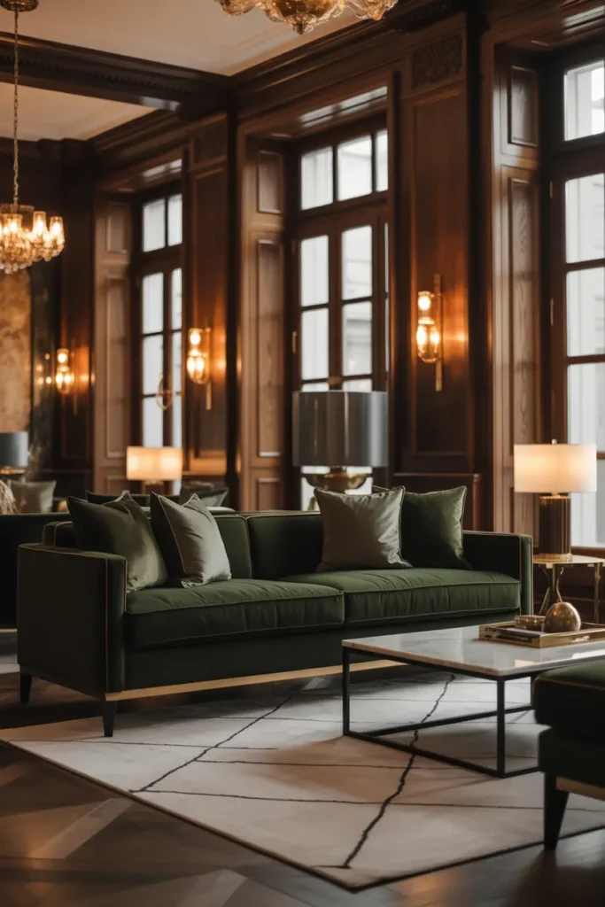  A luxurious living room with a deep green velvet sofa set against a backdrop of rich, dark wood paneling and gold accents. The space is illuminated by soft, warm ambient light from elegant pendant lights and sconces. The room is decorated with plush velvet cushions, a sleek marble coffee table, and a stylish, geometric rug. Large windows let in plenty of natural light, contrasting beautifully with the rich, moody tones of the room. The camera angle captures the grandeur of the space, highlighting the lush, sophisticated feel.