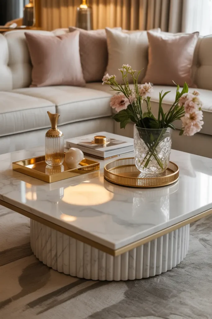  A luxurious living room with a marble coffee table as the centerpiece. The marble surface gleams with a soft, reflective sheen under warm ambient light. The decor includes a few gold-trimmed trays, a crystal vase with fresh flowers, and a chic coffee table book. The room is designed with a neutral color palette of cream, gold, and white. The sofa is plush, with velvet cushions in soft pastels, and the space exudes an elegant, sophisticated vibe. The overall atmosphere is opulent yet inviting.