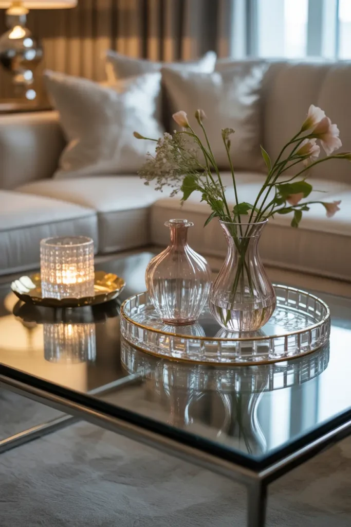  A luxurious living room with a sleek glass coffee table, featuring crystal and glass decor pieces. The table is adorned with a delicate glass vase holding fresh flowers, a crystal tray with a few metallic accents, and a shimmering candle holder. Soft, ambient lighting illuminates the room, casting reflections on the polished surfaces of the glass and crystal decor. The color palette is neutral with touches of silver, gold, and clear glass, creating a chic, sophisticated atmosphere. The furniture is elegant, with velvet cushions and smooth, polished wood accents.