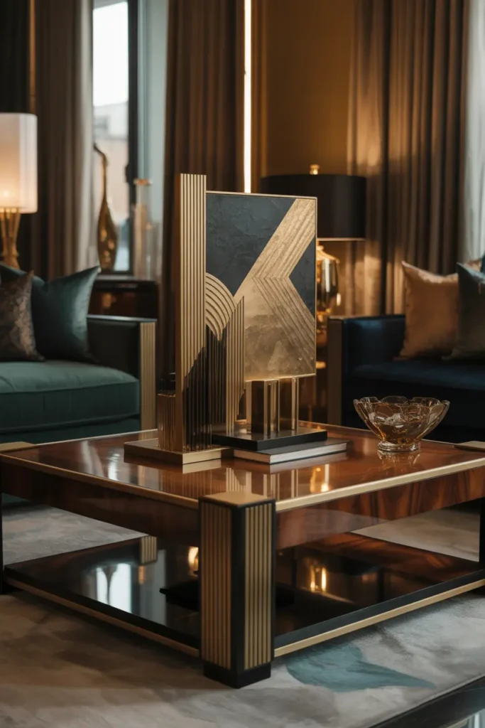 A luxurious living room with an art deco-inspired coffee table made of polished wood and gold accents. The table is adorned with geometric patterns, a statement art piece, and a decorative glass bowl. Soft, warm lighting creates an elegant, refined atmosphere. The room’s color palette includes deep jewel tones like emerald and sapphire, with accents of gold and black. The furniture features sleek lines, rich fabrics, and elegant textures. The overall vibe is sophisticated, glamorous, and timeless.