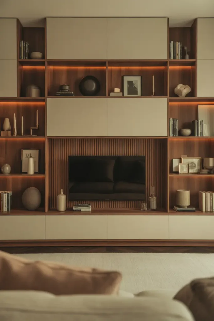 A luxury contemporary living room with a custom built-in wall unit, warm ambient lighting, and a palette of soft beige, walnut, cream, and muted black. Shelving with books, ceramics, candles, and framed art surrounds the media area. Wide straight-on shot with layered foreground decor, realistic wood texture, soft glow, and a polished, high-end layout.