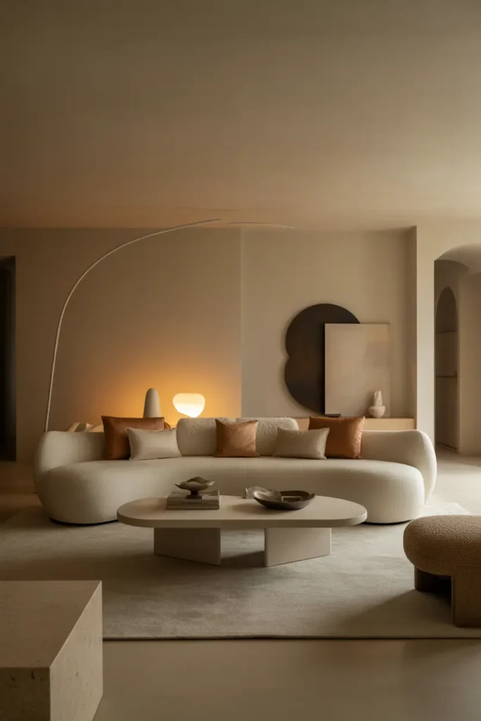  A luxury modern living room centred on a sculptural sofa, lit by warm ambient glow and filtered natural light. Palette of cream, clay, and taupe with linen, boucle, travertine, and light oak textures. Curved seating, low table, abstract art, and a soft rug create elegant layering. Calm upscale mood. Wide-angle shot with foreground styling and spacious background flow.