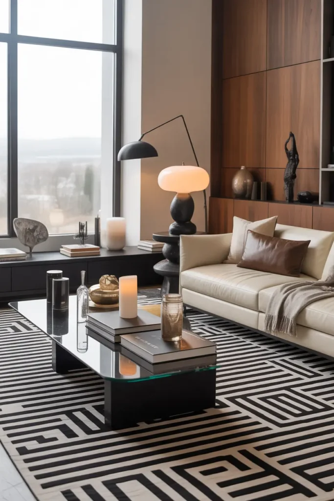 A luxury modern living room with a bold geometric rug, bright natural window light, monochrome and warm wood palette, sleek cream sofa, black metal accents, glass coffee table, sculptural lamp, books, candles, and layered decor, captured in a wide shot with strong foreground styling, crisp shadows, balanced spacing, and polished interior photography depth.