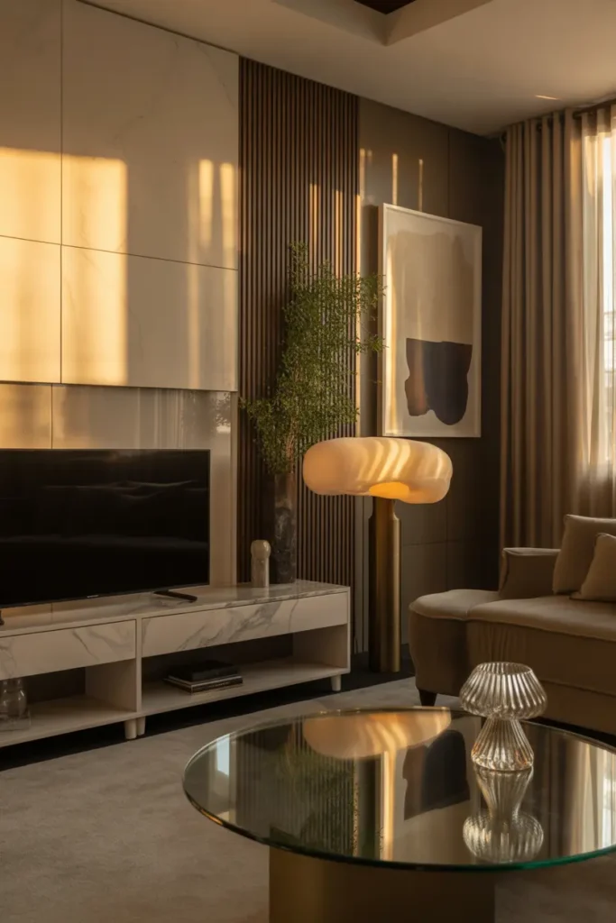  A luxury modern living room with a sleek marble-top media unit, golden hour light, and a rich palette of ivory, taupe, charcoal, and brass. Velvet sofa, glass coffee table, sculptural lamp, abstract wall art, and layered curtains create depth. Eye-level wide shot with polished surfaces, soft shadows, elegant styling, and a balanced, upscale room layout.