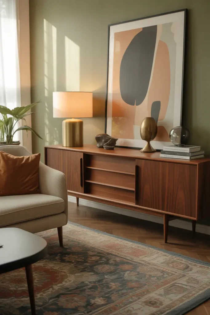A mid-century modern living room with a walnut credenza, warm afternoon light, and a palette of caramel, olive, cream, and muted black. Tapered-leg sofa, vintage rug, brass lamp, abstract art, and stacked books add character. Eye-level wide shot with rich wood grain, soft fabric texture, layered styling, and a balanced retro-meets-modern layout.