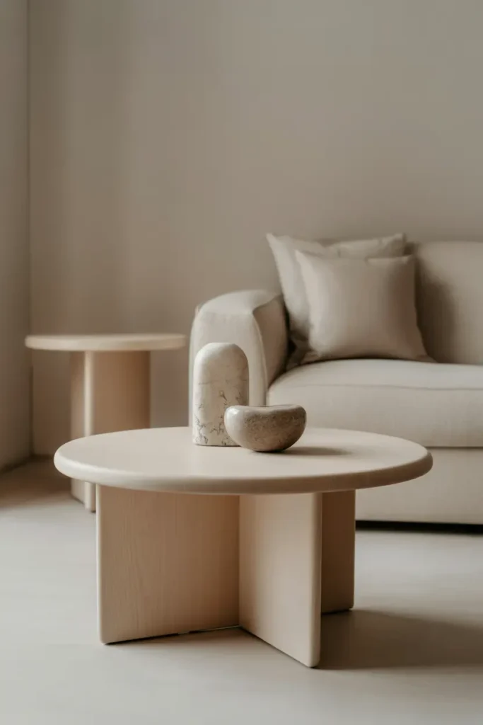 A minimalist coffee table in a neutral living room, featuring clean lines and natural materials such as wood and stone. The simple design complements the room’s calm palette, with soft lighting highlighting the elegant shapes and textures. The table acts as both a functional piece and a subtle decor element, adding balance to the room.