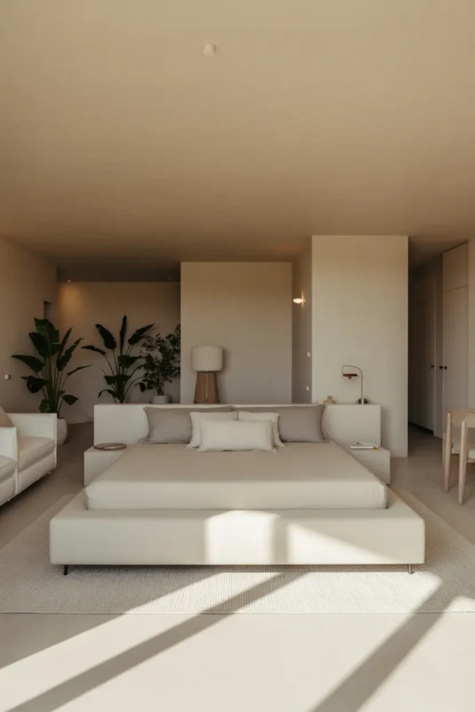 A minimalist living room and bedroom combo with soft, diffused natural light. Neutral tones of beige and white dominate the space, with a sleek platform bed and modern, clean-lined furniture. Soft textures like linen and cotton add warmth. Large plants bring an organic touch, and soft lighting from sconces and a floor lamp creates a calming atmosphere. The open design allows for maximum airflow and spaciousness, creating an airy vibe.