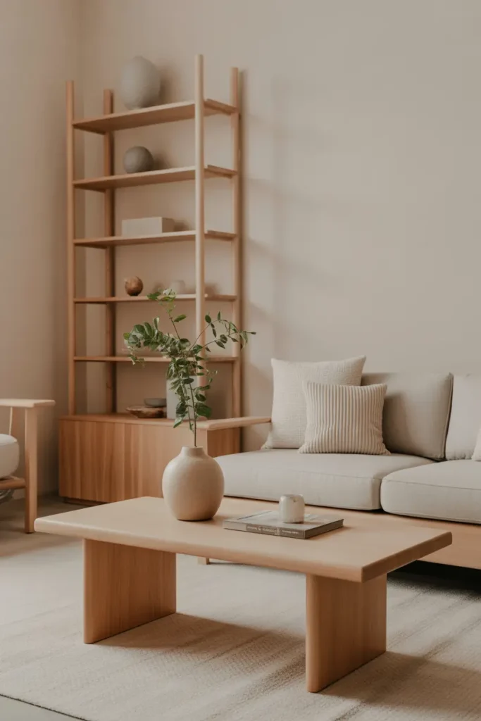 A minimalist living room featuring light wood furniture, including a coffee table and shelves. The neutral palette of soft beige and light wood creates a calm and inviting atmosphere, with natural light highlighting the textures. Simple decor, such as plants and soft cushions, completes the space, giving it an airy, clean feel.