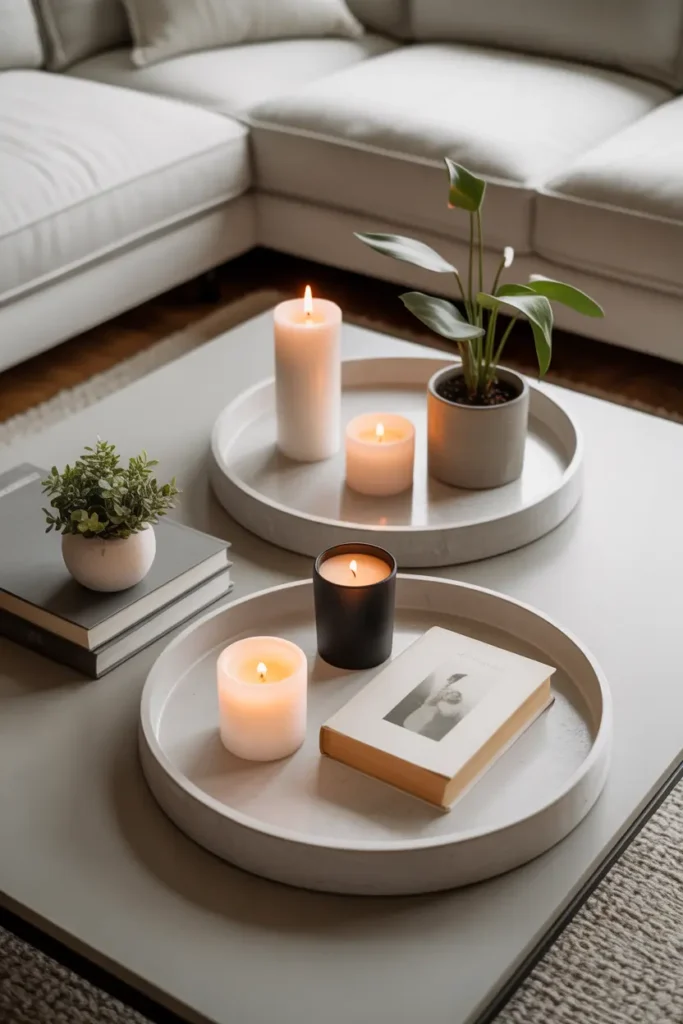 A minimalist living room featuring simple decorative trays placed on a coffee table, with neutral decor arranged neatly atop them. The trays hold a mix of candles, books, and small plants, adding an elegant and functional touch to the space. The clean lines and natural tones create a calm, balanced feel in the room.