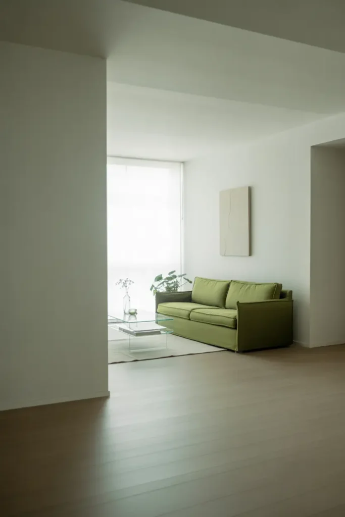 A minimalist living room with a simple green sofa, featuring clean lines and a neutral color palette. The walls are painted in soft, light grey, and the wooden floors are sleek and smooth. Natural light flows in from a large window, creating a bright and airy atmosphere. The green couch contrasts beautifully with a few subtle accent pieces like a glass coffee table, a small potted plant, and a single piece of abstract wall art. The room feels open, organized, and peaceful. A soft, eye-level shot captures the serene simplicity of the space.