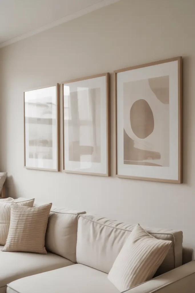 A minimalist living room with neutral wall art, featuring abstract prints in soft beige and white tones. Simple wooden frames highlight the artwork, adding a subtle pop of texture against soft walls. The light-filled room maintains a calm, balanced look, with the art enhancing the room’s aesthetic without overwhelming the space.