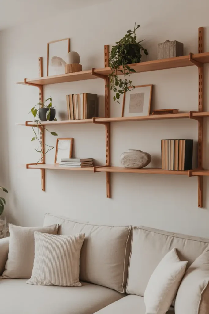 A minimalist neutral living room with simple wooden shelving on the wall, displaying plants, books, and a few decorative pieces. The light wood complements the soft, neutral tones of the room, with natural light highlighting the clean lines and functional design. The overall look is organized, calming, and sophisticated.