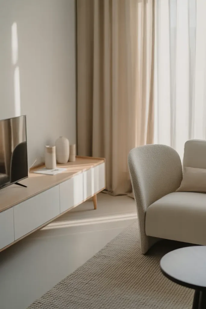 A minimalist Scandinavian living room with a sleek white media cabinet, soft natural daylight, and a palette of white, oatmeal, pale grey, and light oak. Clean-lined sofa, boucle chair, sheer curtains, simple ceramics, and a textured rug create gentle depth. Wide eye-level shot with airy spacing, soft shadows, subtle layering, and calm, uncluttered styling.