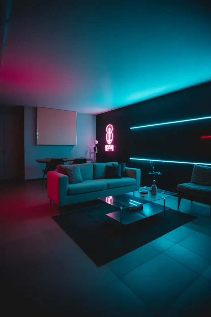 A modern edgy living room with neon lighting accents, low ambient glow, featuring a dark monochrome palette with pops of electric blue and pink. Sleek sofa, glass coffee table, LED strips, neon wall signs, and minimal decor. Materials include metal, glass, and matte finishes. Moody atmosphere. Wide shot with strong foreground lighting and deep shadow contrast.