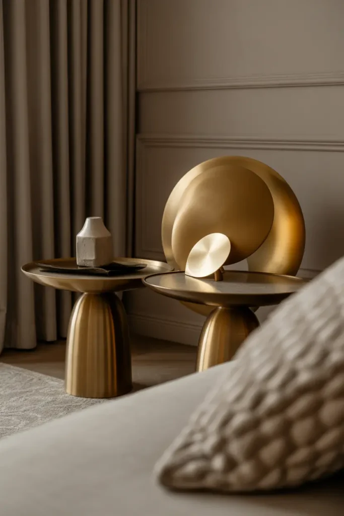  A modern elegant living room with warm metallic touches like brass and gold decor accents. Soft ambient lighting creates a gentle glow on metallic surfaces. Neutral tones dominate with cozy textures and minimal styling. Close-up and wide composition showing refined details and a warm, sophisticated atmosphere.