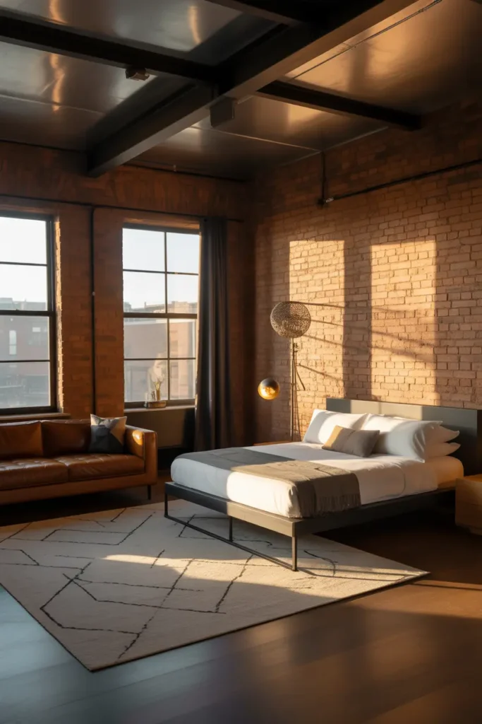 A modern industrial living room and bedroom combo bathed in soft, golden hour light. The space is characterized by exposed brick walls, dark metal accents, and warm wood furniture. The platform bed features a metal frame, while the living area showcases a bold leather sofa. A geometric rug and industrial lighting add personality, while large windows ensure natural light floods the room.