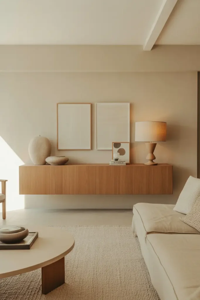 A modern Japandi living room with a floating oak media console, soft diffused natural light, and a warm neutral palette of beige, cream, and light wood. Linen sofa, textured rug, ceramic decor, layered wall art, and a low coffee table create depth. Wide eye-level shot with airy spacing, soft shadows, realistic wood grain, and calm, elegant styling.