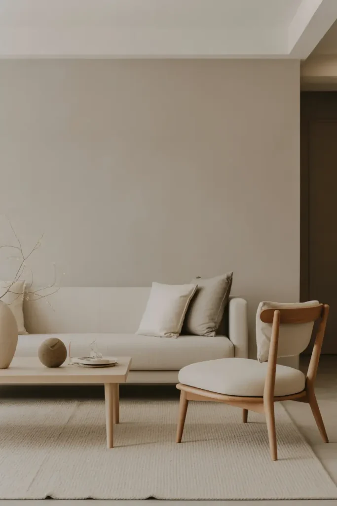  A modern Japandi-style living room with clean line furniture, including a sleek sofa and simple wooden pieces. Neutral tones dominate, with minimal decor and soft textures. Natural light enhances the uncluttered layout, creating an airy and elegant feel. Wide, eye-level shot with balanced composition and subtle styling.