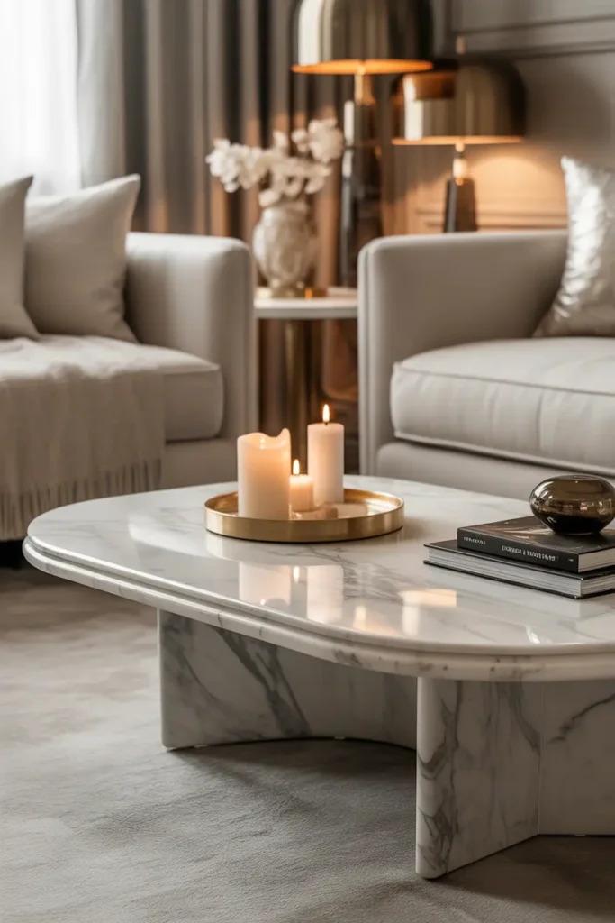  A modern luxury living room featuring marble surface touches on a coffee table and decor accents. Soft neutral tones blend with elegant textures, while warm ambient lighting highlights the marble veining. Styled with candles and books, the space feels refined and polished. Eye-level shot with a clean, sophisticated layout.