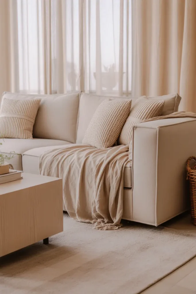 A modern minimalist living room in soft beige tones, featuring a linen sofa with layered throw blankets and textured cushions, a light wood coffee table, and a neutral rug. Natural light streams through sheer curtains, highlighting subtle textures like fabric folds and wood grain. Cozy, airy atmosphere, styled decor with plants and books, wide-angle shot.