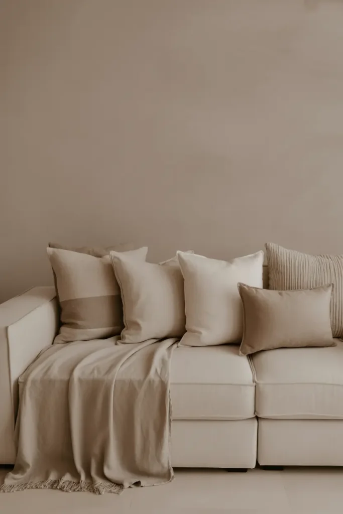  A modern minimalist living room styled in a monochrome neutral palette with layers of beige, cream, and soft taupe. Subtle variations in texture create depth, with linen fabrics and wood accents. Soft lighting enhances the tones. Wide shot with a clean, elegant layout and cohesive styling.