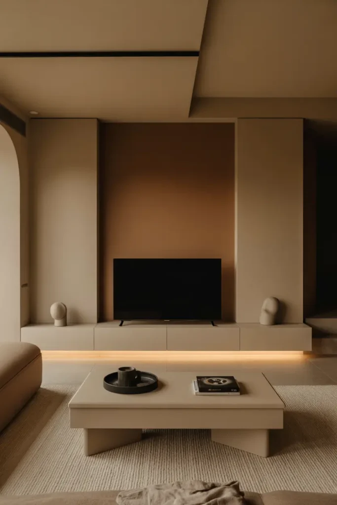 A modern minimalist living room with a low-profile platform TV unit, soft evening ambient light, and a palette of warm beige, soft brown, cream, and matte black. Floor seating, low coffee table, textured rug, and subtle decor create depth. Wide eye-level shot with horizontal lines, soft shadows, and a calm, grounded atmosphere.