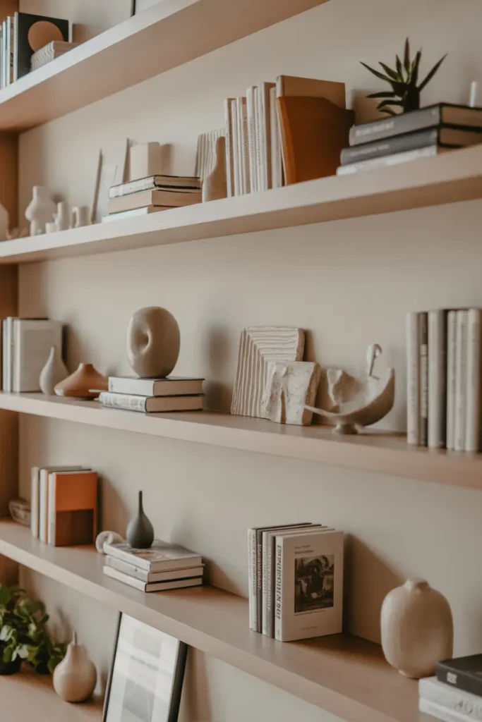  A modern minimalist living room with floating shelves styled using neutral decor, including books, ceramics, and small plants. Light wood shelves contrast softly against warm white walls. Natural light highlights textures and layered decor. Balanced composition with depth, captured in an eye-level shot with clean, airy styling.