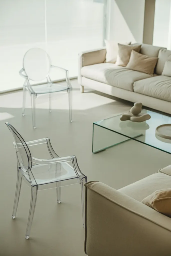  A modern minimalist living room with transparent furniture, bright natural daylight, and a soft neutral palette of white, beige, and light grey. Acrylic chairs, glass coffee table, linen sofa, and subtle decor create openness. Materials include glass, acrylic, and light wood. Airy, spacious mood. Wide-angle shot with clean foreground and layered background depth.
