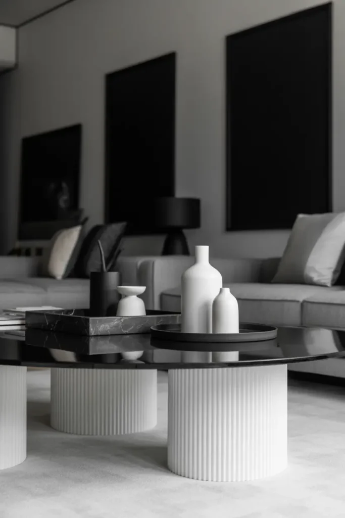  A modern, monochromatic living room with a black-and-white coffee table. The table features a glossy black surface with a few white ceramic decor pieces, a black marble tray, and minimalist accessories. The room is bathed in soft, diffused natural light, highlighting the sharp contrast between the black, white, and gray tones. The sofa is upholstered in a neutral gray fabric, and the room’s decor includes black-framed art on the walls and a simple white rug. The mood is elegant, sleek, and modern.