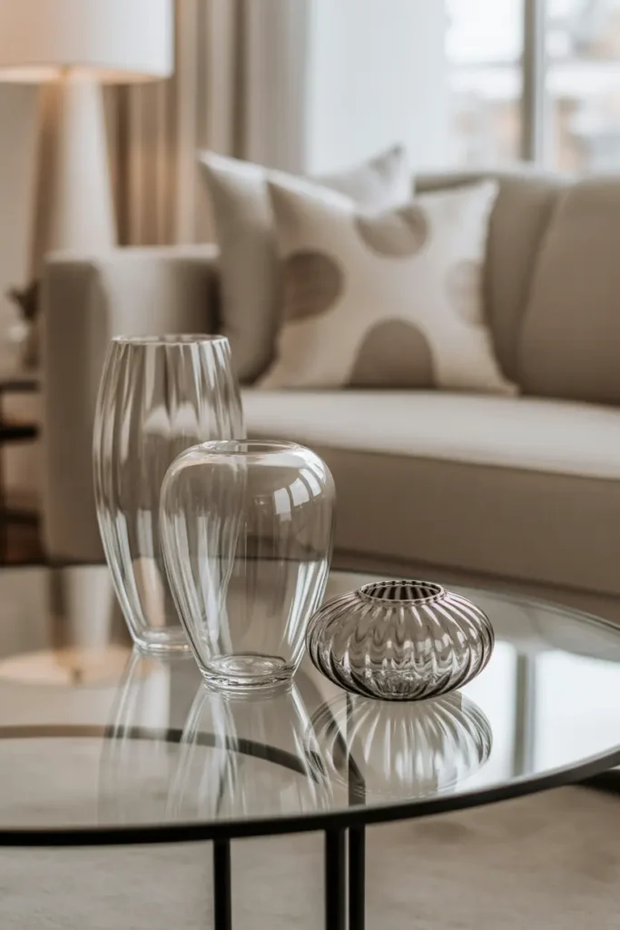A modern neutral living room featuring glass decor accents like transparent vases and decorative pieces on a coffee table. Light reflects softly through the glass, enhancing the airy feel. Neutral tones and minimal styling create a clean look. Close-up and wide composition with elegant, light-filled atmosphere.