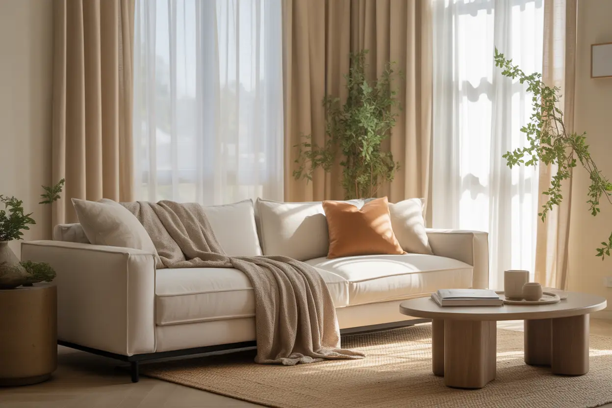 Timeless neutral living room with beige tones, cozy textures, and natural light.