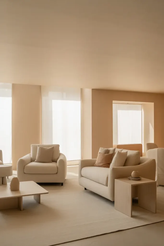 A modern neutral living room featuring soft beige walls that create a warm, inviting atmosphere. Light wood furniture and minimal decor are paired with soft, diffused natural light filtering through large windows. The color palette remains neutral, allowing for subtle textures like linen and soft rugs. Cozy yet minimalist, the space feels airy and calm. Wide shot with a clean layout, enhancing the room’s openness.