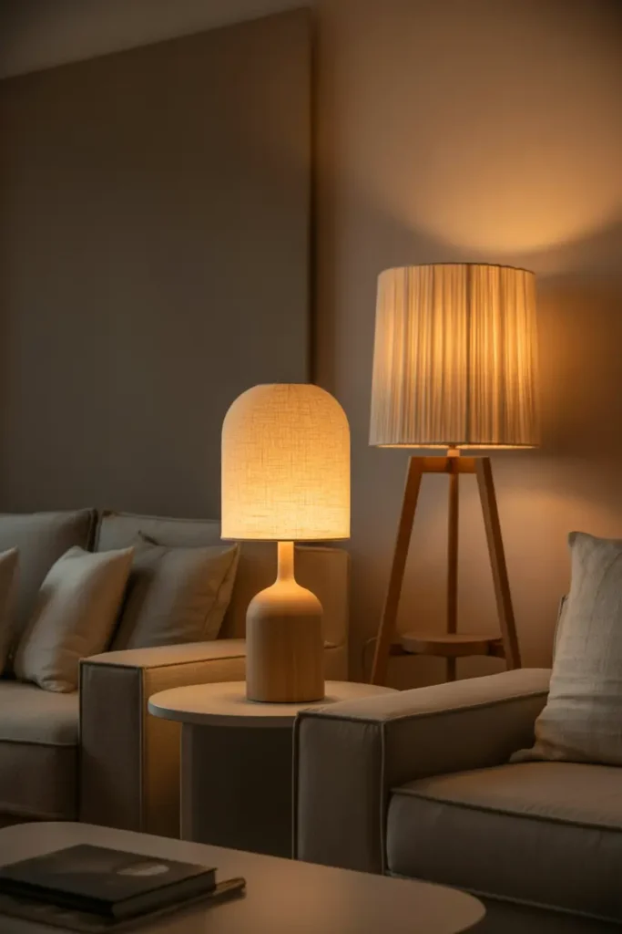 A modern neutral living room illuminated by soft ambient lighting from table and floor lamps. Warm light creates a cozy evening glow, highlighting textures like linen and wood. Neutral tones dominate, with subtle decor and layered elements. Relaxing atmosphere captured in a wide, eye-level shot with gentle shadows and depth.