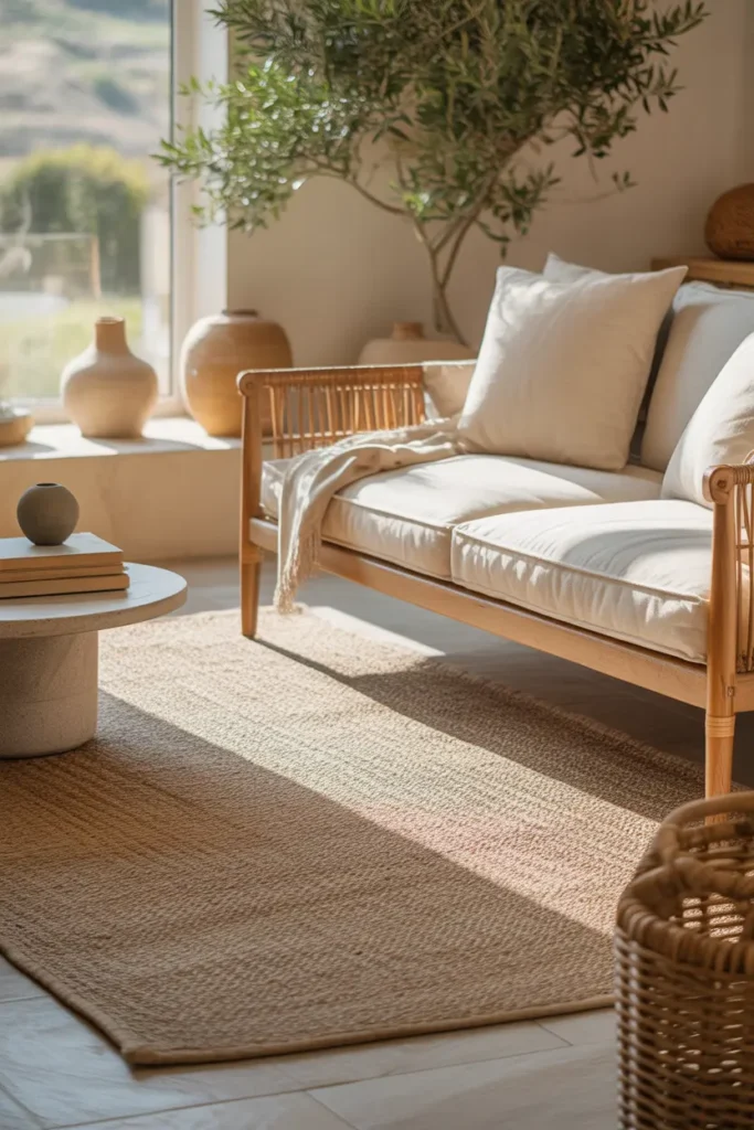 A modern organic living room with a natural jute rug, soft midday sunlight, warm sand, oat, and cream palette, oak wood sofa, linen cushions, rattan accents, ceramic vases, olive tree, stacked books, woven basket, wide eye level shot, airy open layout, layered natural textures, soft shadows, and refined Pinterest quality interior photography.