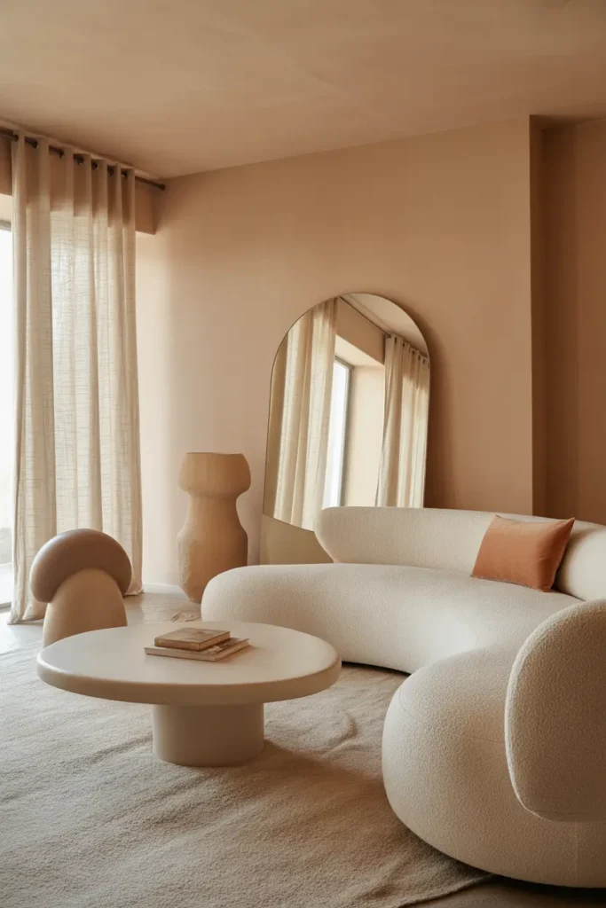 A modern organic living room with curved decor flow, soft afternoon natural light, and a palette of cream, peach, and warm taupe. Rounded sofa, arched mirror, circular coffee table, linen curtains, and a textured rug create softness. Materials include boucle, wood, plaster, and ceramic. Calm sculptural mood. Wide-angle shot with layered foreground styling and airy background spacing.