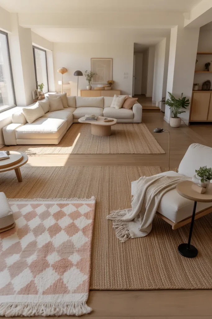 Design a vanity space with a soft wool rug beneath the vanity table, adding warmth and texture to the room. The rug is a neutral shade, with a subtle pattern that complements the minimalist decor. Soft, natural light fills the room, illuminating the light wood vanity and a plush upholstered chair. The color palette includes soft beiges, whites, and light wood tones, creating a cozy and inviting atmosphere. The layout should emphasize the tactile nature of the wool rug, creating a grounded and calming vibe in the space.