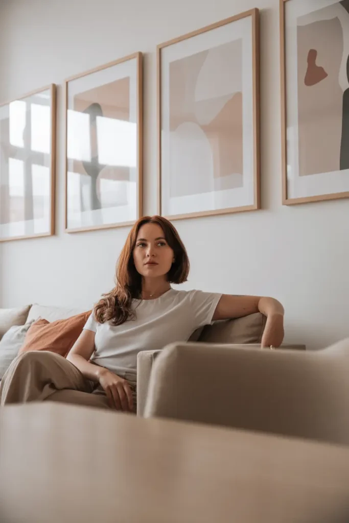  A modern Scandinavian living room with minimal wall art featuring abstract prints in soft neutral tones. Clean frames hang above a neutral sofa, with subtle decor and light wood furniture below. Natural light creates soft shadows, enhancing the simplicity. Balanced composition in a wide, eye-level shot with an airy, clean aesthetic.