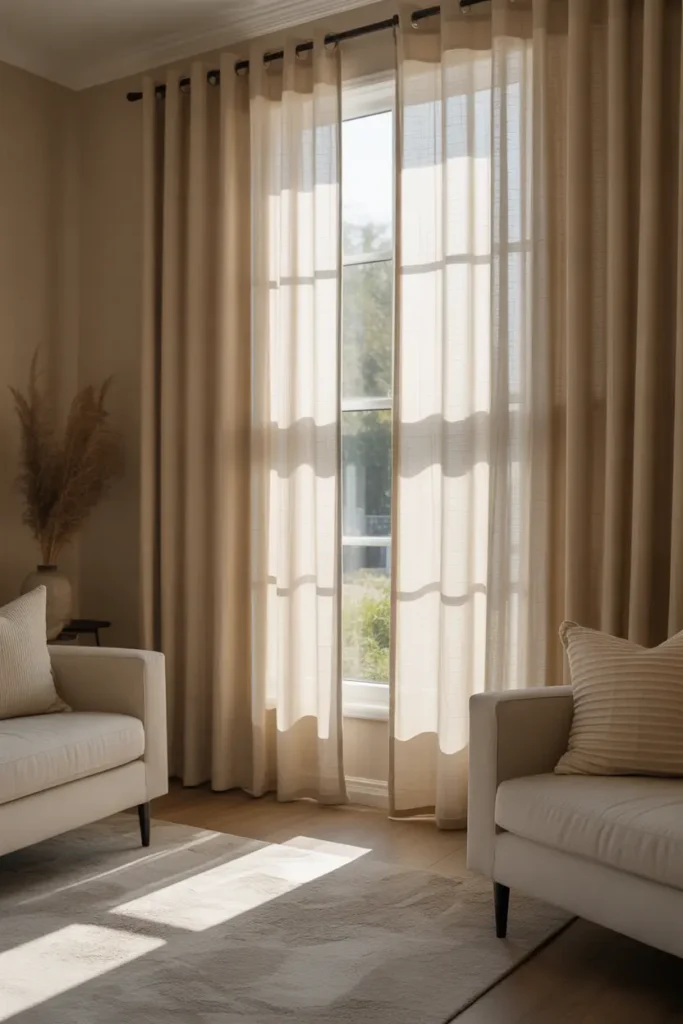 A neutral living room featuring layered curtains that gently filter natural light, creating a soft, airy atmosphere. The beige fabric complements the room’s color palette, adding texture and depth without overpowering the design. The room feels calm and inviting, with the curtains enhancing the space’s warmth and serenity.