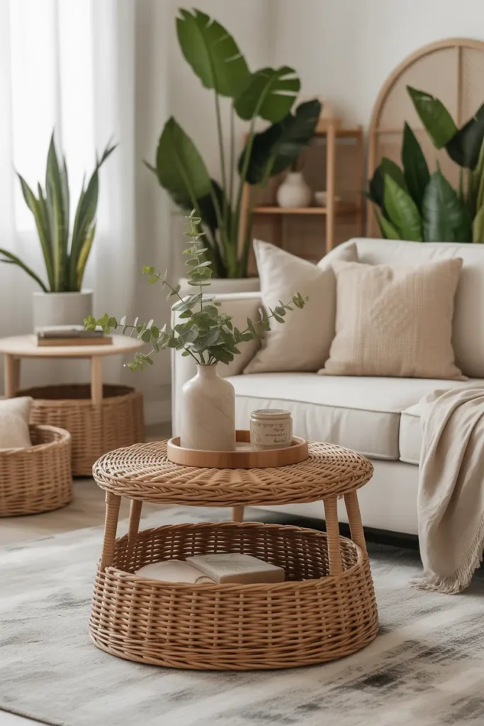 A neutral living room featuring woven rattan accents in the form of a coffee table, side table, and storage baskets. Soft, natural light enhances the textures, while plants add freshness to the scene. The neutral palette keeps the room grounded, with light wood and woven elements providing depth and interest. The space feels cozy yet modern with a hint of bohemian flair.